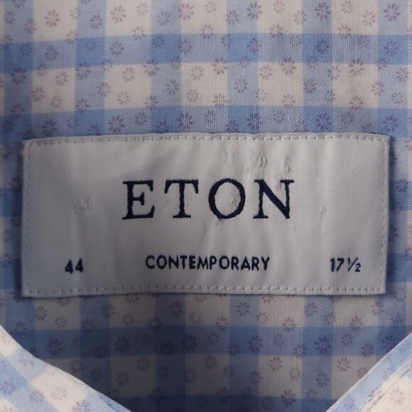 Eton 17.5 Poplin Contemporary Check Geometric Cotton Blue Convertible Cuff Men - Picture 9 of 16
